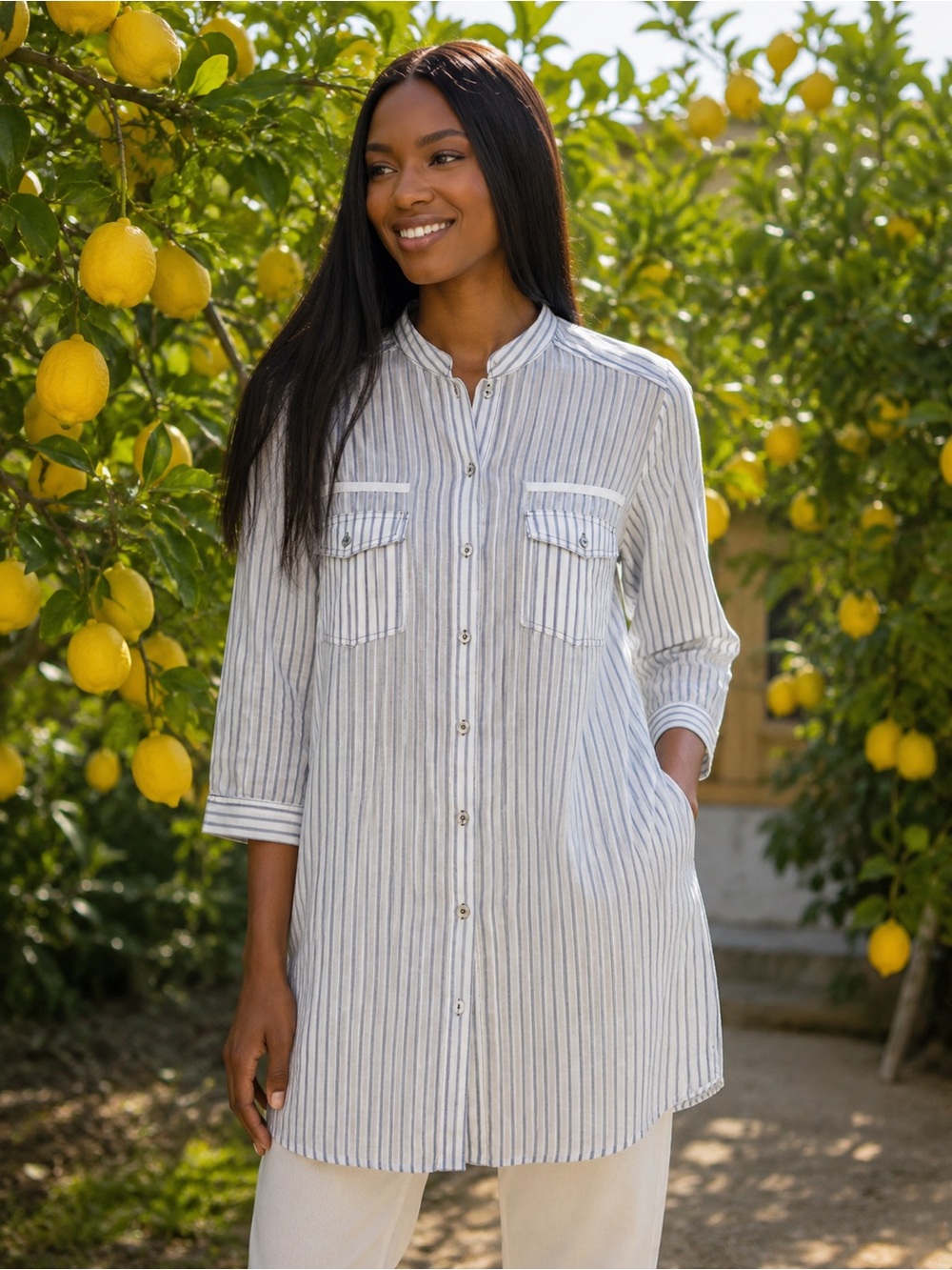 Zara basic Cotton White Shirt with Blue Stripes - Band Collar Button-Down, XS